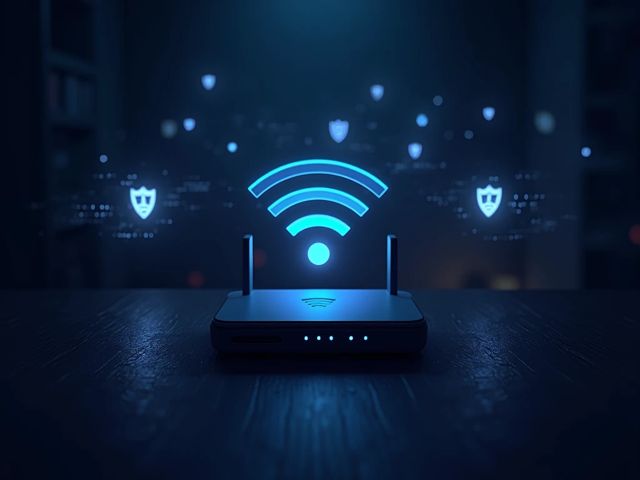 A dark, moody digital illustration of a Wi-Fi router emitting signals, surrounded by faint, glowing cyber-security shields and abstract data streams. The scene conveys a sense of vulnerability and defense, with no people present.