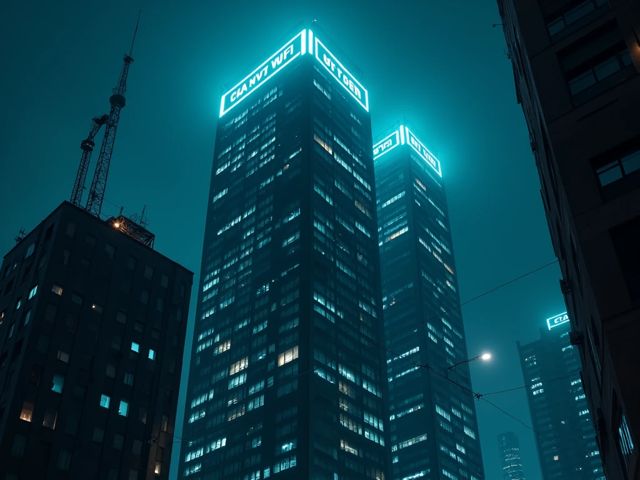 A futuristic office building at night with glowing Wi-Fi signals radiating between buildings, emphasizing a sense of connectivity and vulnerability, moody lighting with a subtle cyberpunk aesthetic