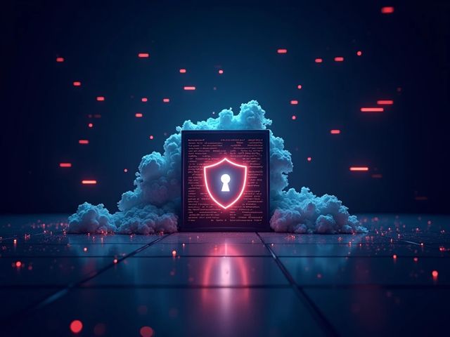 A digital landscape depicting a secure server room with glowing data streams and a shield symbolizing protection, surrounded by abstract representations of cyber threats in the background