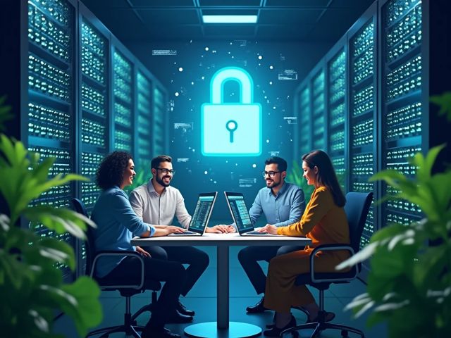 A digital landscape depicting a secure server room with glowing servers, shielded by a large digital lock. A group of diverse IT professionals, smiling and collaborating, are analyzing data on screens, surrounded by vibrant green plants symbolizing growth and security.