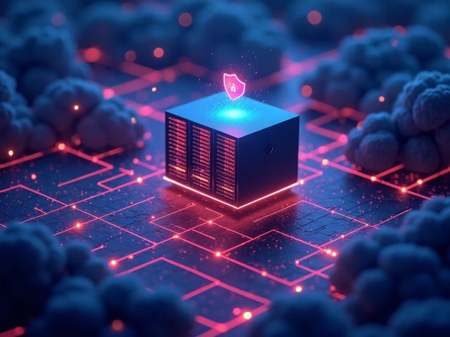 A digital landscape featuring a secure data center with glowing servers, surrounded by abstract representations of cybersecurity, like shields and locks, in a bright and optimistic color palette