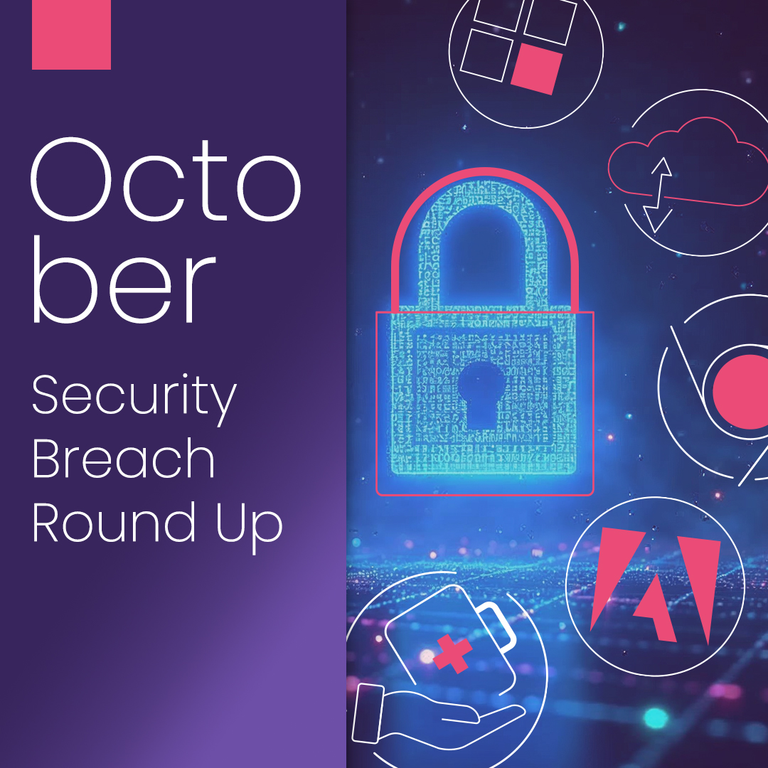 October Security Breach Round-Up: A visual representation featuring a digital padlock symbolizing cybersecurity, surrounded by icons representing various digital threats and popular company logos, set against a tech-inspired, futuristic background.