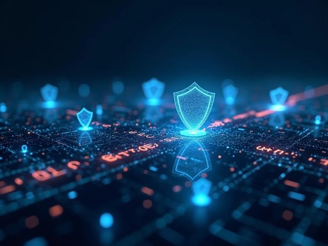 A futuristic digital landscape with abstract data streams and glowing security shields, symbolizing cybersecurity protection and resilience