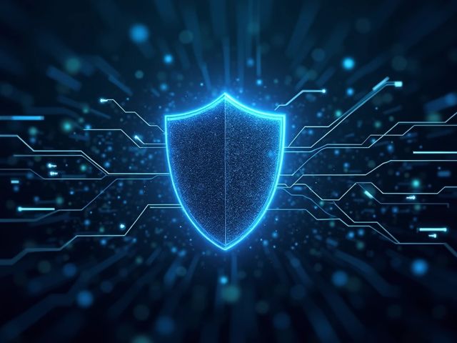 Futuristic digital shield symbolizing cyber resilience, surrounded by abstract data streams and glowing network nodes, conveying a sense of security and innovation