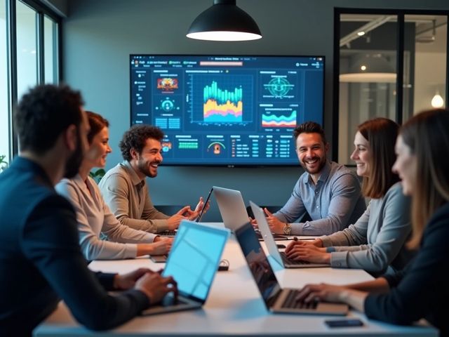 A modern office with a diverse team of professionals discussing cybersecurity strategies around a table, with laptops and digital screens showing data analysis. The atmosphere is collaborative and positive, with individuals smiling and engaged in the conversation, but not looking at the camera.
