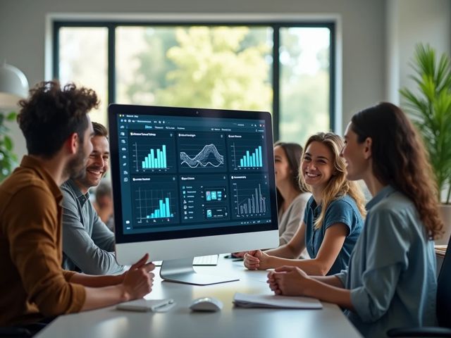 A serene office environment with a computer displaying cybersecurity analytics, surrounded by plants and modern decor. A diverse group of people are smiling and collaborating, discussing strategies, but not looking at the camera. Soft natural light filters through large windows.