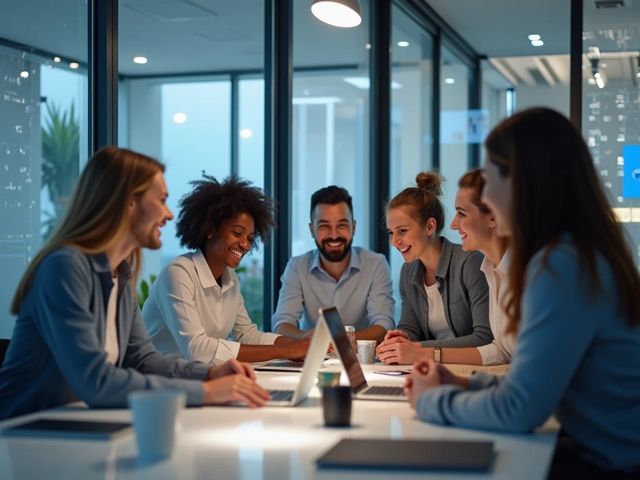 A serene office environment with modern computers and cybersecurity tools, a diverse group of smiling employees collaborating around a table, showcasing teamwork and positivity in a tech-savvy atmosphere.