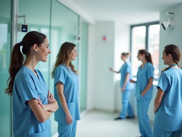 A calm, modern fertility clinic setting with subtle digital security elements, staff members smiling away from the camera, bright and positive atmosphere