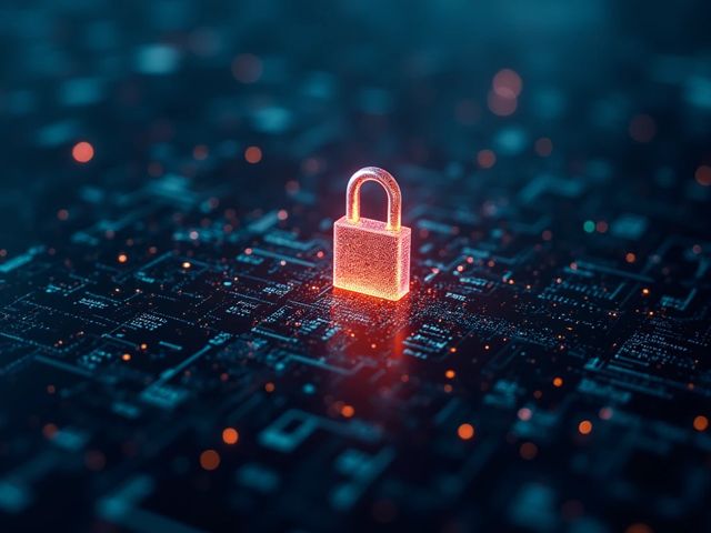 A digital lock shining amid swirling code streams, emphasizing the urgency of preventing data breaches in software environments, no text or signs