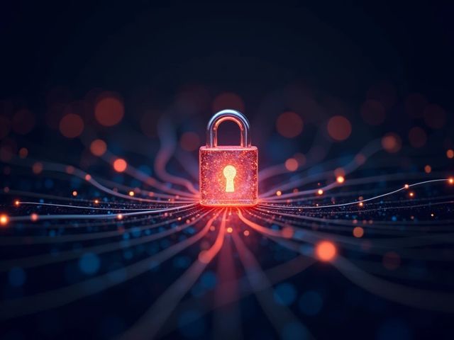 Glowing padlock over swirling data streams, symbolizing financial software at risk with a positive vibe, no text