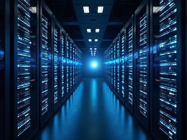 Rows of illuminated servers with bright data streams flowing between them, representing software security and interconnected systems in a calm, positive setting
