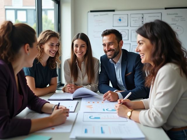A bright office space with a diverse group of professionals collaborating over performance assessment scorecards and vendor questionnaires, smiling and engaged in discussion, with charts and graphs on a whiteboard in the background.