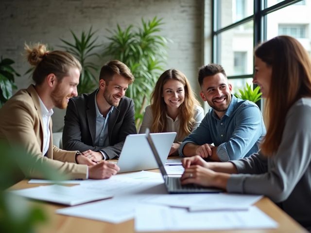 A modern office environment with a diverse group of professionals smiling and collaborating over a table filled with compliance documents and laptops, surrounded by plants and natural light.
