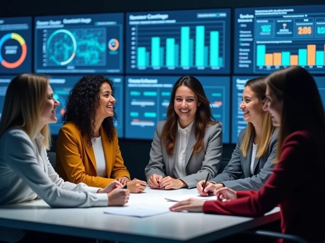 A modern office environment with diverse professionals engaged in a collaborative discussion, surrounded by digital screens displaying cybersecurity data and compliance charts, all smiling and focused on their work.