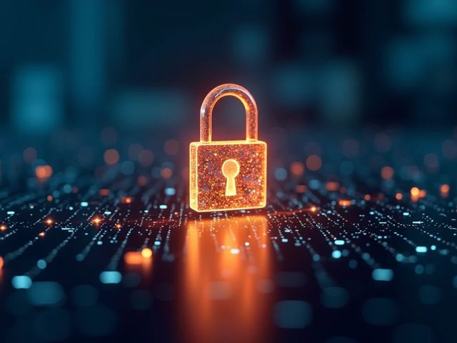 A bright digital lock icon and swirling data lines in a positive, secure atmosphere