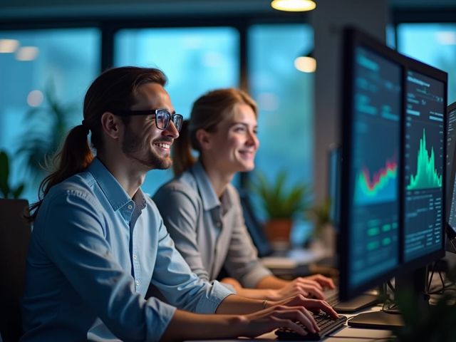 Software engineers in a bright, modern office, smiling as they monitor lively data streams on multiple screens, not looking at the camera, positive vibe