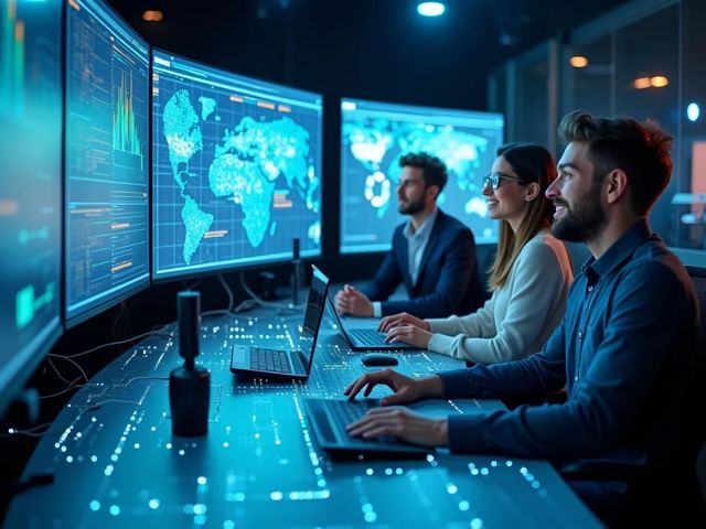 A futuristic cybersecurity control room with large screens displaying data and analytics, a diverse group of smiling professionals collaborating, surrounded by digital interfaces and glowing circuit patterns