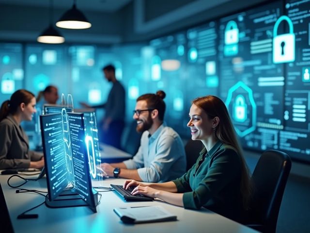 A futuristic office environment with abstract digital security elements like shields and locks, showcasing a positive atmosphere. In the background, diverse employees are collaborating at computers, smiling and engaged in their work, without looking at the camera.
