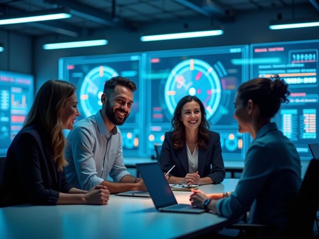 A futuristic office with advanced cybersecurity measures in place, featuring glowing screens displaying digital security data, a group of diverse professionals smiling and engaged in discussion, surrounded by modern technology and a secure atmosphere.