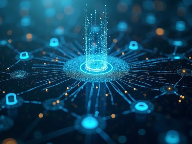 A digital landscape with abstract representations of data flowing through interconnected networks, symbolizing a data breach, with a subtle hint of tension and vigilance