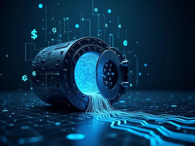A digital vault with data streams flowing out, symbolizing data exposure, surrounded by abstract representations of financial symbols