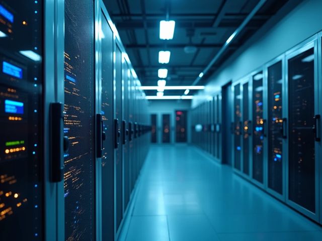 A secure server room with glowing screens and data lines, a hospital building in the background, serene atmosphere