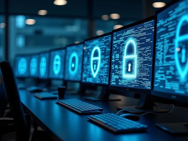 A serene office environment with computer screens displaying abstract digital patterns, symbolizing network security and data flow, with a subtle hint of a lock icon in the background