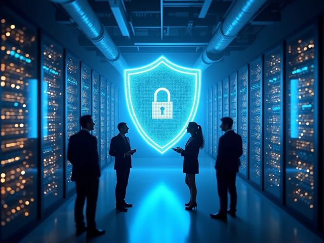 A digital landscape depicting a secure data center with glowing servers, surrounded by a shield symbolizing cybersecurity, and a group of smiling IT professionals discussing strategies in the foreground, with a bright and optimistic atmosphere.