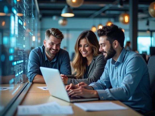 A serene office environment with cybersecurity-themed elements, like shields and locks, on desks, and smiling professionals collaborating over a laptop, focusing on proactive strategies.