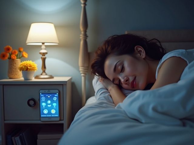 A cozy bedroom with a person comfortably sleeping while wearing a soft, high-tech sleep monitoring patch. A bedside table with a smartphone displaying a sleep tracking app, soft lighting, and a peaceful atmosphere.