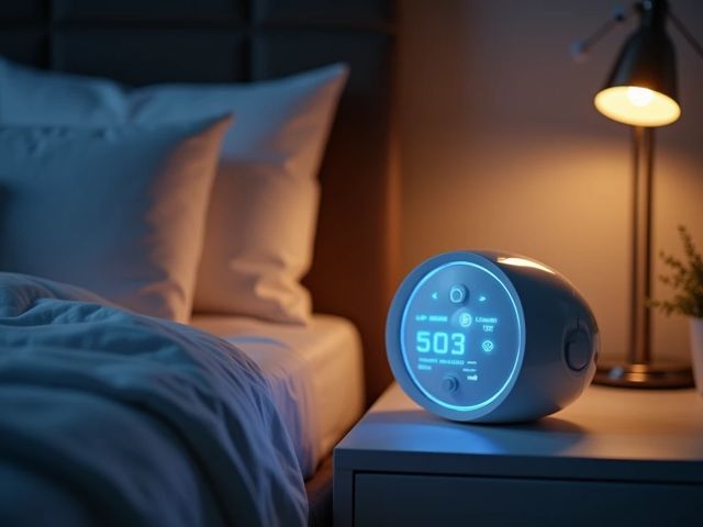 A peaceful bedroom scene with a person sleeping soundly, surrounded by soft pillows and a cozy blanket, while a faint glow from a CPAP machine is visible on a nightstand