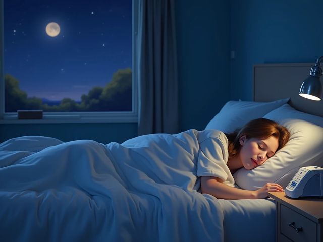 A peaceful bedroom scene with a person sleeping soundly, surrounded by soft pillows and a CPAP machine on a bedside table, with a calm night sky visible through a window.